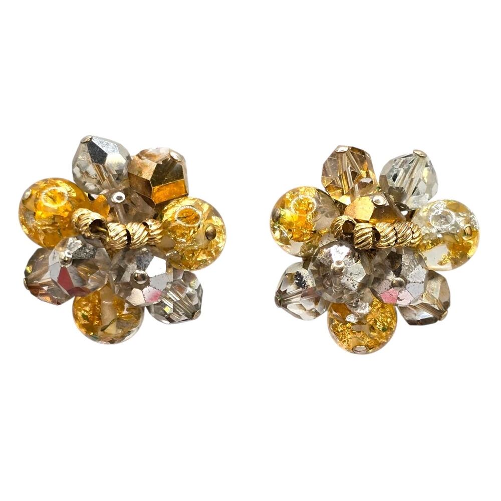 Earrings Vendome Hand Wired Cluster Golden AB Round Faceted Beads Vintage 60s